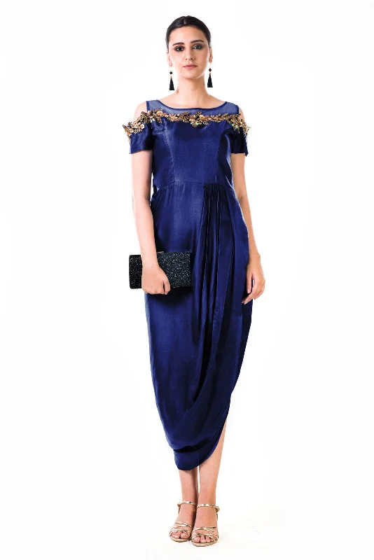 Formal Dress for DebutantesRoyal Blue Hand Embroidered Cold Shoulder Draped Gown