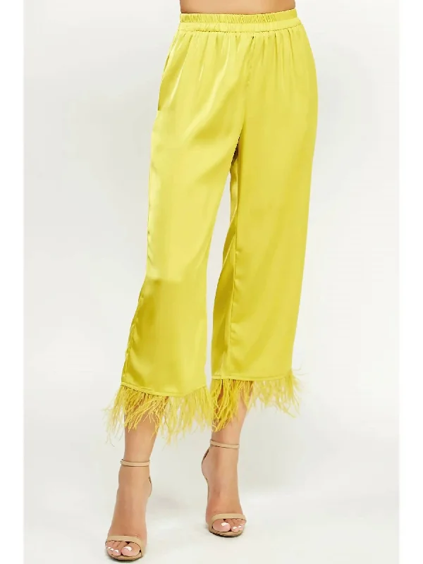 women's linen pantsFoncy Feather Trim Pants In Chartreuse