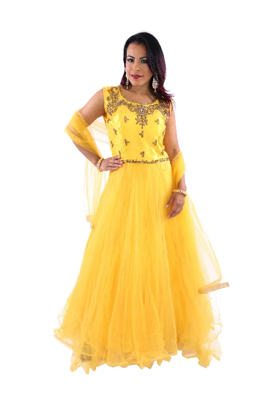 Formal Dress for Eco-Conscious EventsSunshine Yellow Floor Length Anarkali Gown - 9013