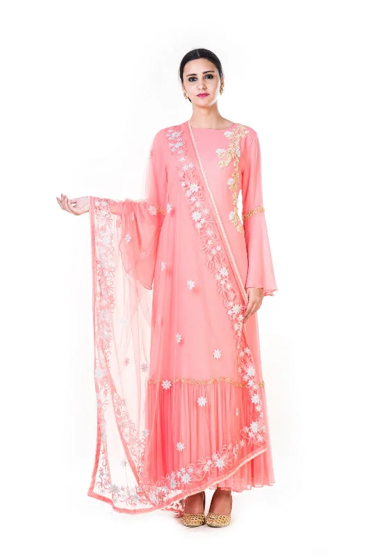 Formal Dress for Semi-Formal EventsHand Embroidered Light Pink Double Layer Anarkali Gown With A Floral Work Embroidered Dupatta