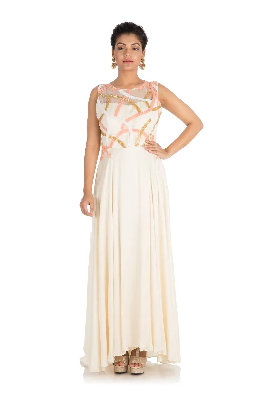 Formal Dress for Beach ThemesHand Embroidered Off-White Gown