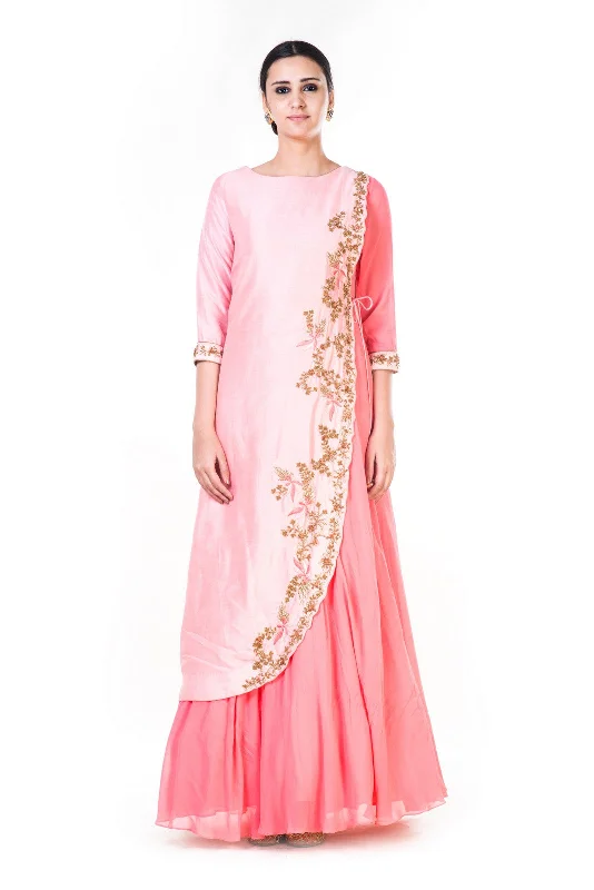 Formal Dress Shops in New YorkHand Embroidered Peach Tie Up Gown