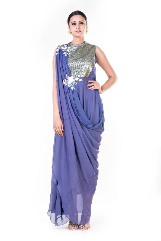 Formal Dress for Holiday PartiesEmbroidered Lavender Draped Gown With A Sequin Yoke