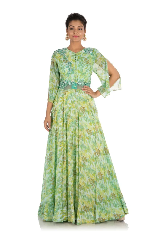 Formal Dress for Large WeddingsFern Green Printed Gown With Cut Sleeves