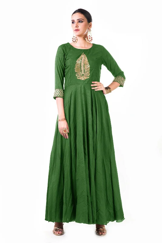 Formal Dress for Bat MitzvahsBottle Green Leaf Hand Embroidered Silk Anarkali Gown