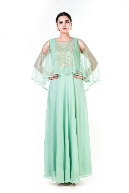 Formal Dress for Formal Day EventsGreen Sequin Work Cold Shoulder Cape Style Gown