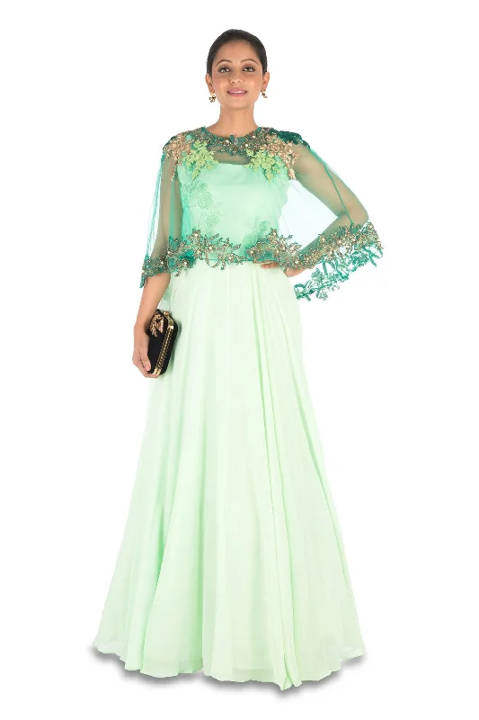 Formal Dress for Bohemian ThemesHand Embroidered Sea Green Flare Gown With Dark Green Cape