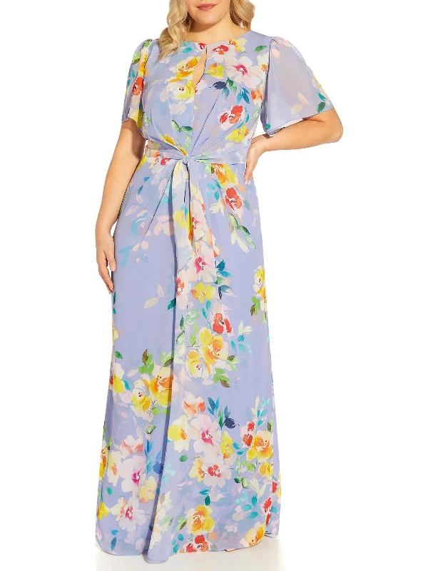 bold color party dressesPlus Womens Chiffon Floral Print Evening Dress