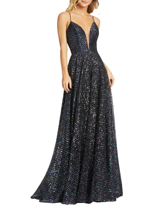 figure-flattering party dressesWomens Sequined Plunge Evening Dress