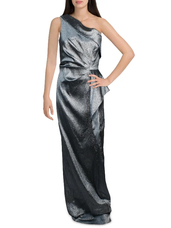 glam party dressesWomens Metallic One Shoulder Evening Dress