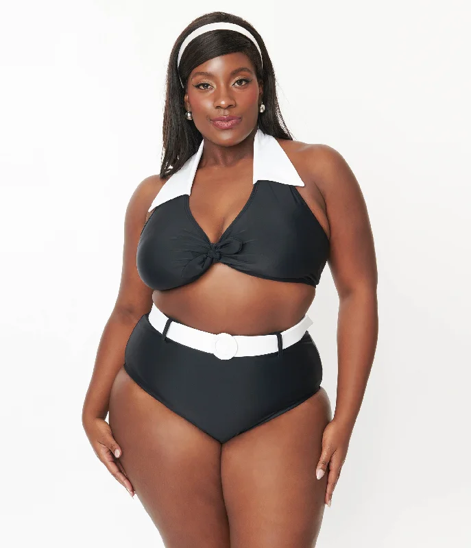 Unique Vintage Plus Size Black & White Belted Swim Bottoms