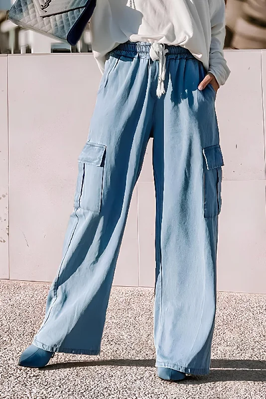 women's mom jeans denimDrawstring Cargo Pocket Wide Leg Jeans