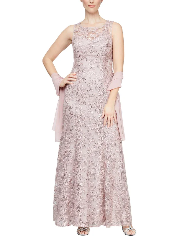 illusion-sleeve party dressesWomens Sequined Full Length Evening Dress