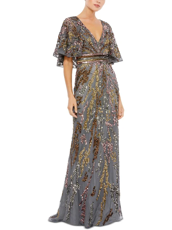 polyester party dressesWomens Sequin Flutter Sleeve Evening Dress