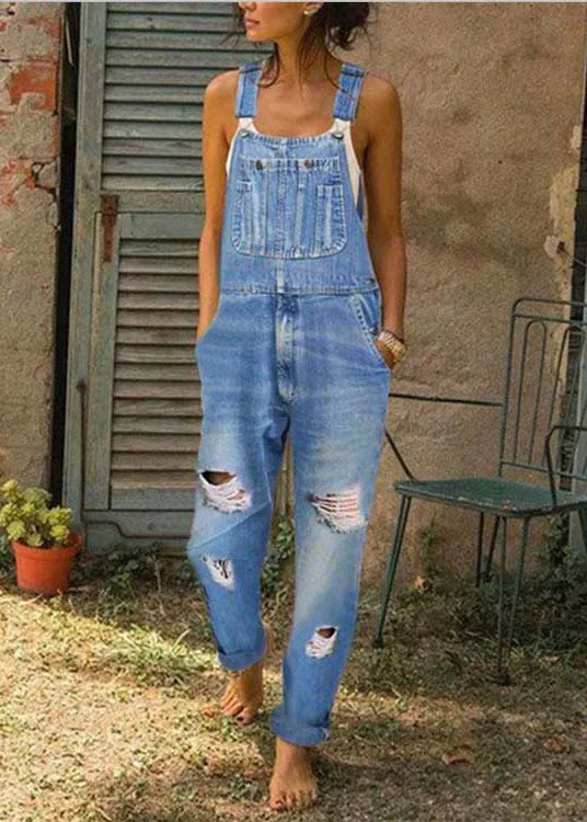 women's jumpsuits with belt loopsStyle Blue Oversized Pockets Denim Ripped Jumpsuit Summer