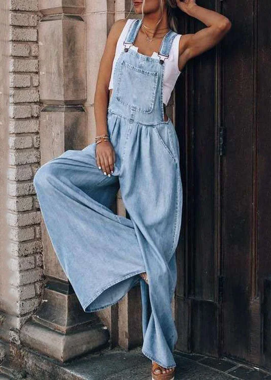 women's jumpsuits with self-ties at the waistBoutique Light Blue Patchwork Denim Overalls Jumpsuit Summer