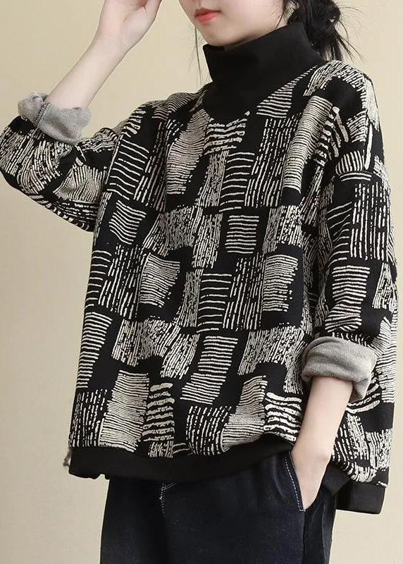 Women Black Turtleneck Print Patchwork Warm Fleece Tops Long Sleeve