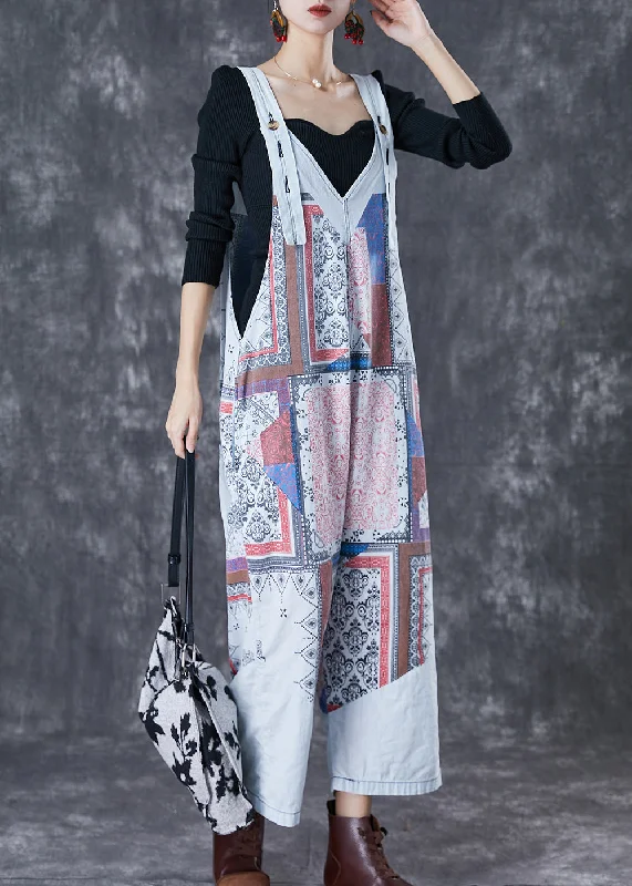 women's jumpsuits for loungingFrench Light Blue Oversized Print Cotton Overalls Jumpsuit Fall