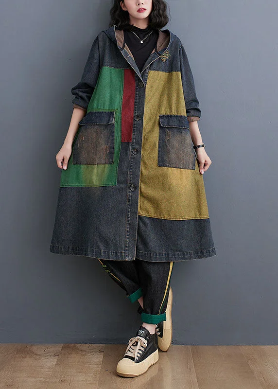 Vintage Colorblock Patchwork Button Hooded Denim Trench Coat Long Sleeve