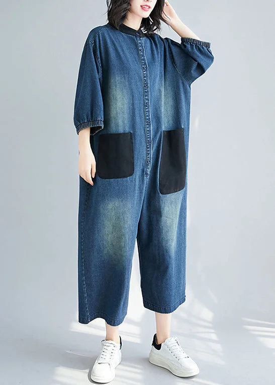 women's jumpsuits for formal eventsStyle Blue Stand Collar Oversized Patchwork Pockets Denim Jumpsuits Summer