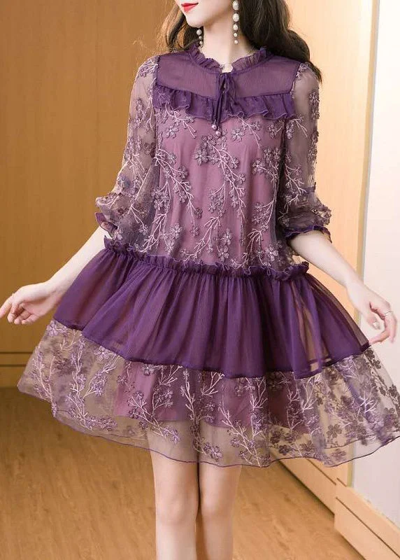 lace Mimi dresses for special occasionsCasual Purple Embroidered Patchwork Chiffon Mini Dress Summer