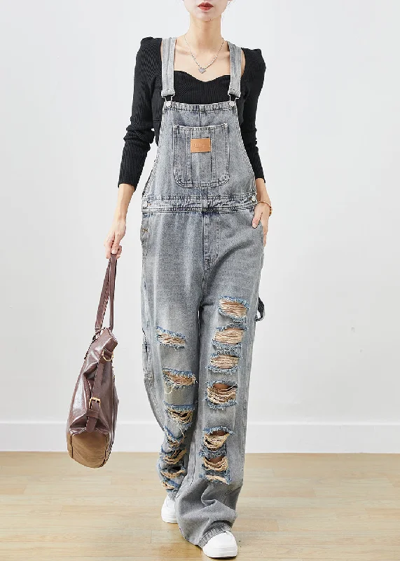 women's jumpsuits for apple-shaped bodiesStyle Denim Blue Oversized Cotton Ripped Jumpsuit Fall