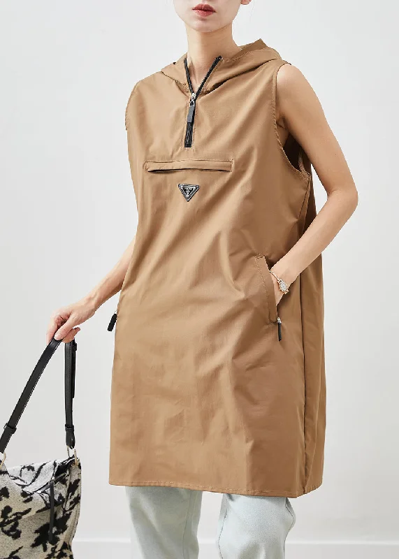 summer Mimi dresses with short sleevesUnique Khaki Hooded Cotton Mini Dresses Sleeveless