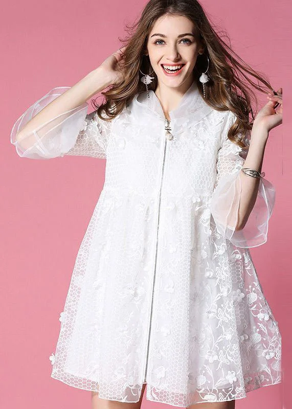 chic and comfortable Mimi dresses for all-day wearWomen White Hooded Embroidered Tulle Mini Dresses Flare Sleeve