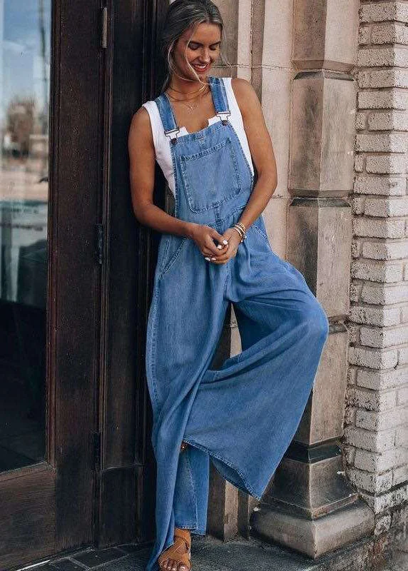 women's jumpsuits for springDark Blue Pockets Patchwork Denim Wide Leg Jumpsuits Summer