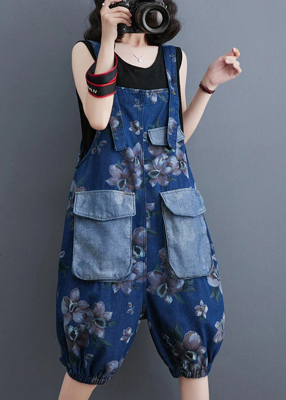 women's jumpsuits for winterModern Blue Slash Neck Print Patchwork Button Jumpsuits Summer