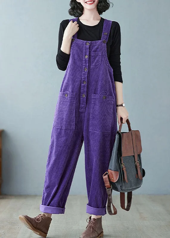 women's jumpsuits for tall womenPurple Patchwork Button Cozy Corduroy Jumpsuit