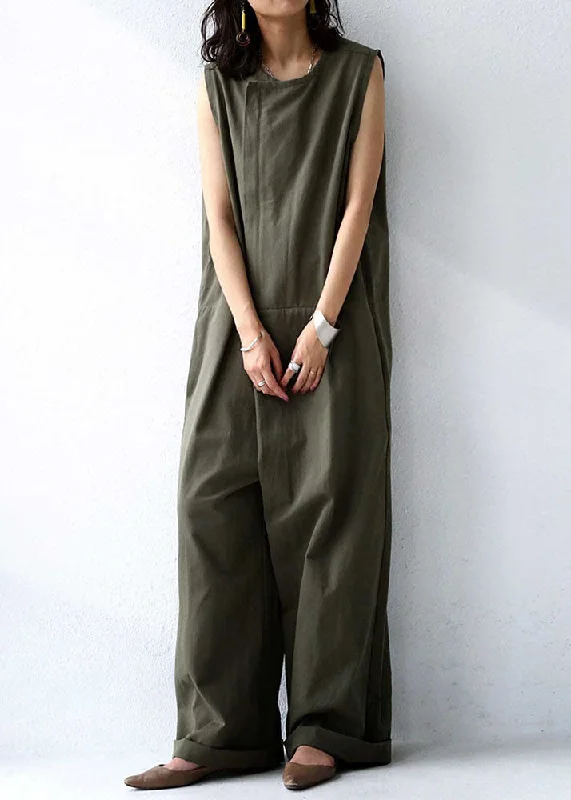 women's jumpsuits for date nightsFrench Tea Green Patchwork Cotton Wide Leg Jumpsuit Summer