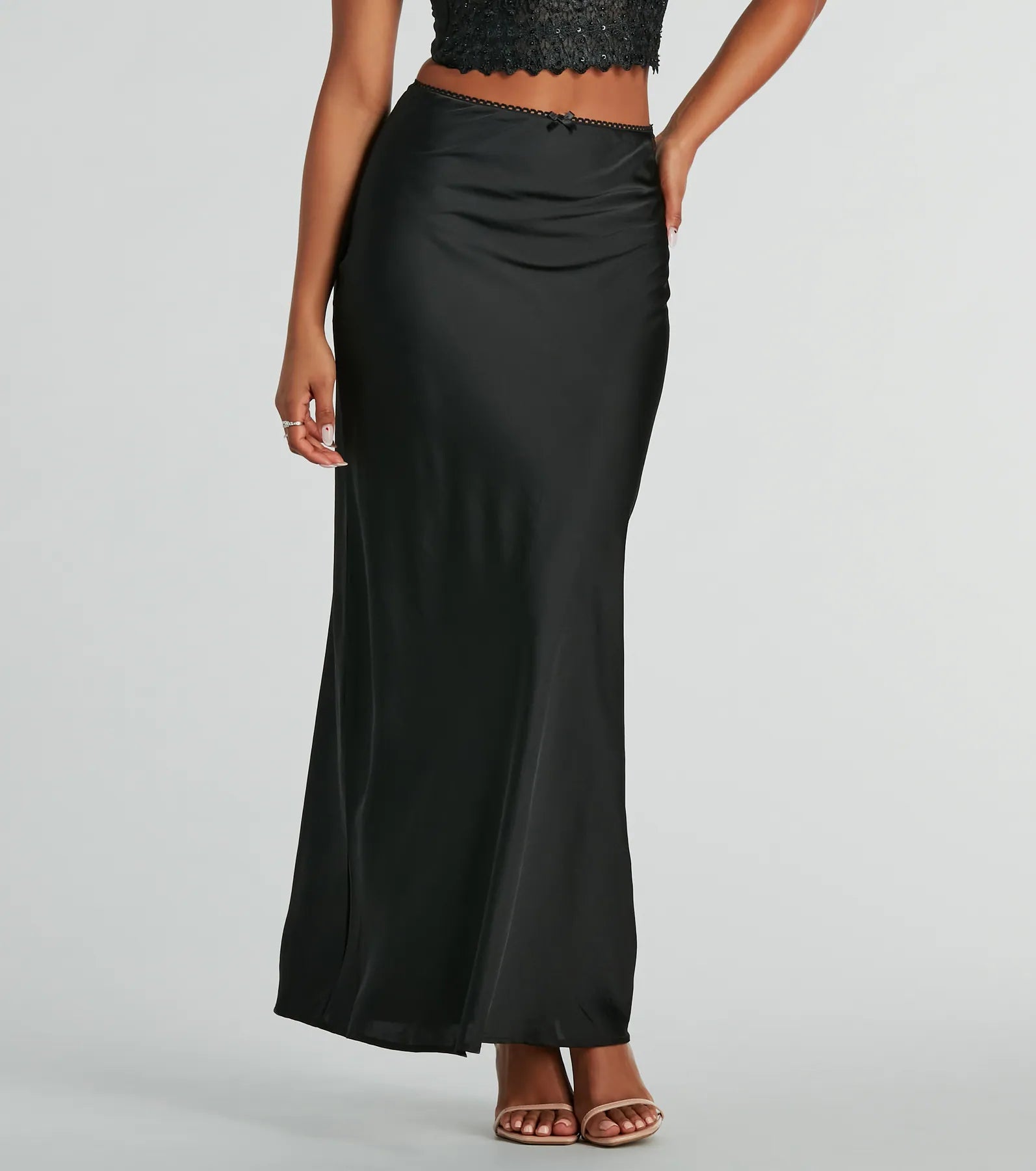 women's work skirtsBeyond Classy High-Rise Bow Satin Maxi Skirt