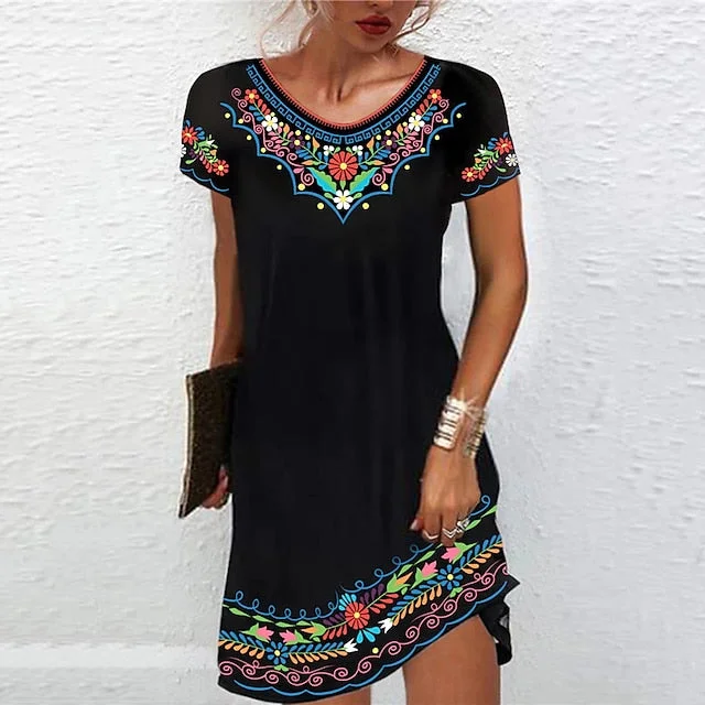 short lace Mimi dresses for casual eleganceCityHottie - Women's Casual Dress Ethnic Dress Shift Dress Mini Dress Black White Light Green Short Sleeve Floral Print Spring Summer Crew Neck Basic Daily Vacation Loose Fit 2024 S M L XL XXL