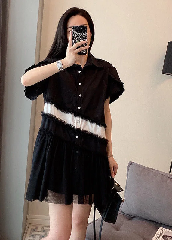 discount Mimi dresses outletBlack Patchwork Cotton Mini Dresses Oversized Wrinkled Summer