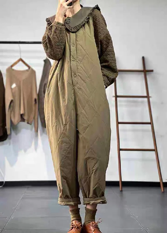 women's jumpsuits for short womenCasual Versatile Green Coffee Button Fine Cotton Filled Jumpsuit Winter