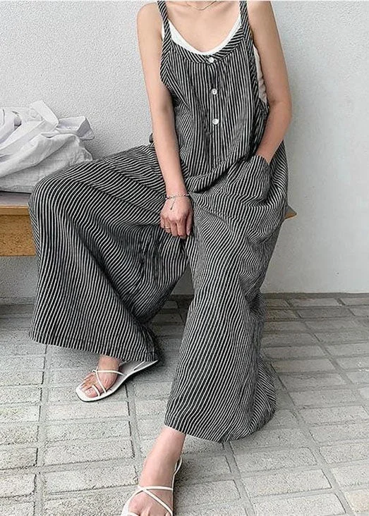 women's jumpsuits for business meetingsLoose Black Striped Cotton Spaghetti Strap Jumpsuit Summer