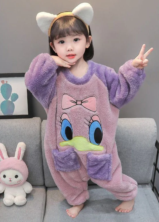 women's jumpsuits for hourglass figuresCute Purple Print Pockets Fluffy Kids Pajamas Jumpsuit Long Sleeve