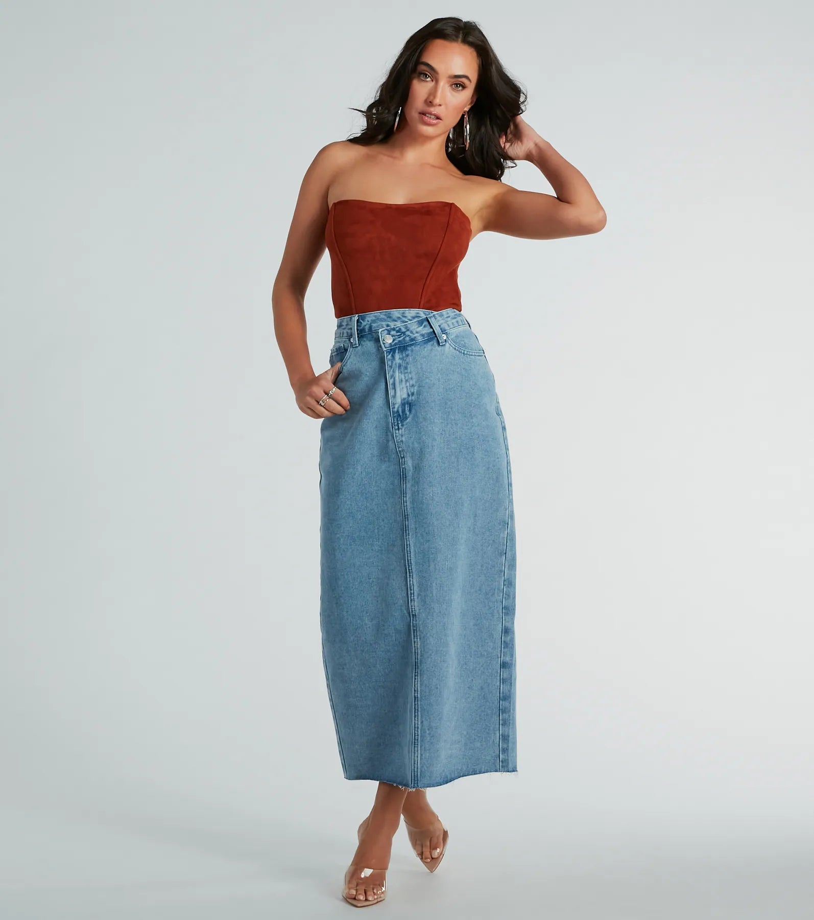 women's polyester skirtsGirl Next Door Asymmetrical Waist Denim Midi Skirt