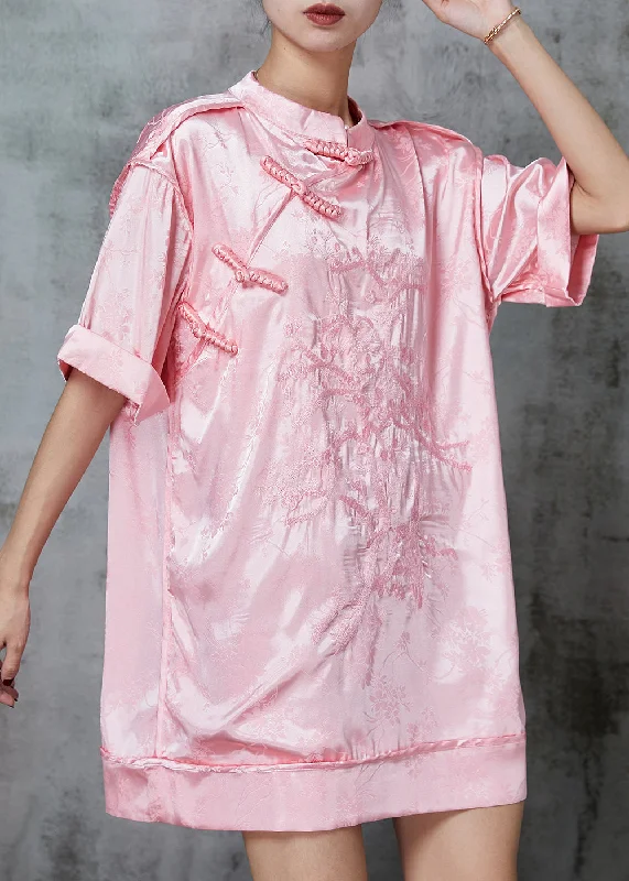 cotton blend Mimi dresses for comfortBeautiful Pink Embroidered Chinese Button Silk Mini Dress Spring