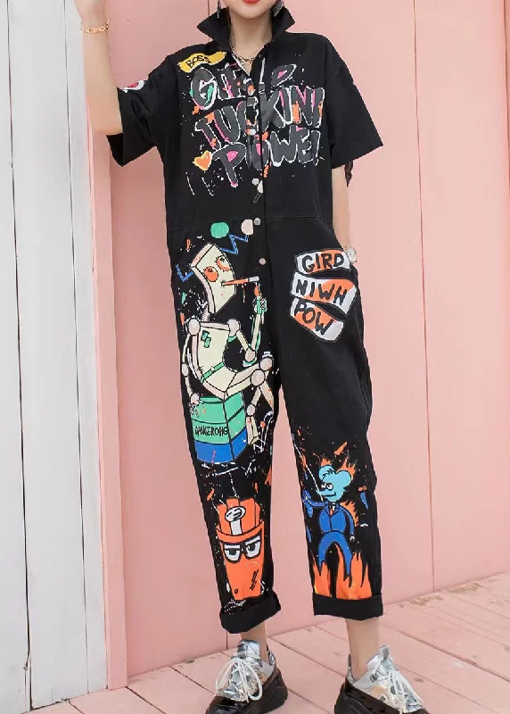 women's jumpsuits with cinched waistsBoutique Black Pockets Cartoon Print Patchwork Cotton Jumpsuits Summer