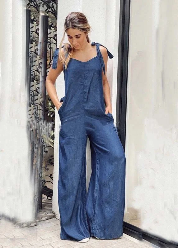 women's jumpsuits for summerWomen Blue Oversized Pockets Denim Wide Leg Jumpsuit Summer