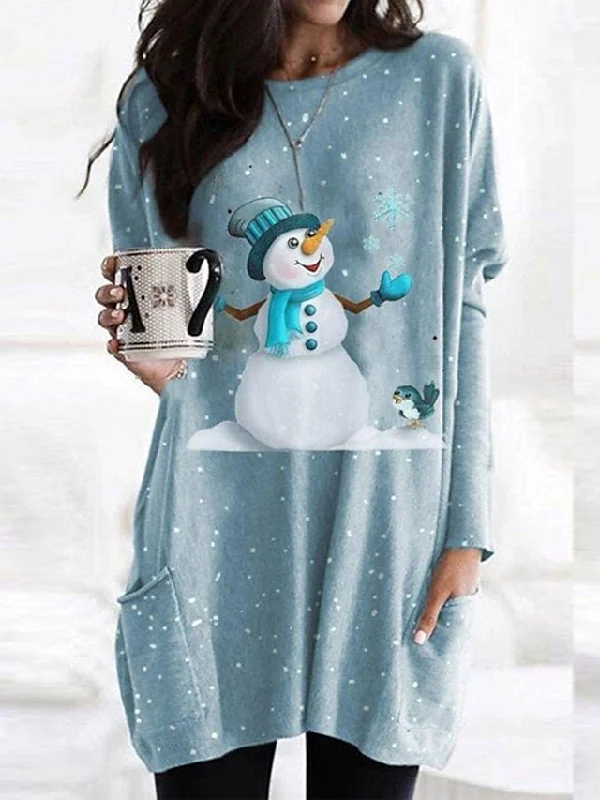 tall women's maxi Mimi dresses for length inclusivityCityHottie - Women's Christmas Casual Dress T Shirt Dress Tee Dress Shift Dress Mini Dress Blue Long Sleeve Snowman Pocket Winter Fall Autumn Crew Neck Fashion Daily Date Loose Fit XS S M L XL XXL 3XL 4XL 5XL