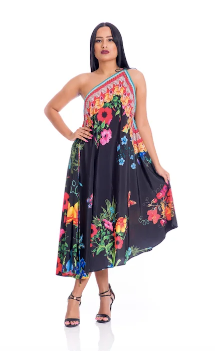 women's one-shoulder dressesBLACK FLORAL 3 WAY DRESS