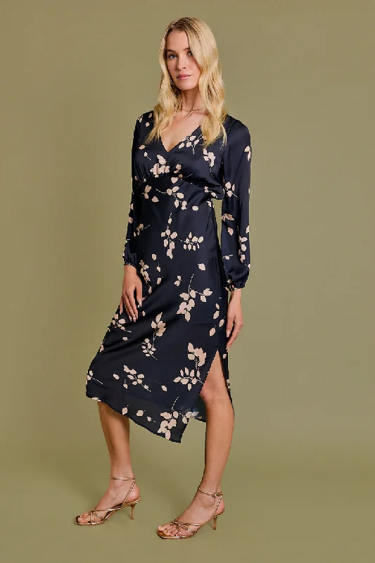 women's stretchy dressesBlack Floral Satin Dress