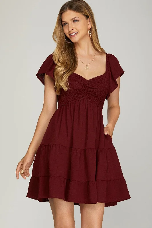 women's wrinkle-resistant dressesBurgundy Flutter Sleeve Dress