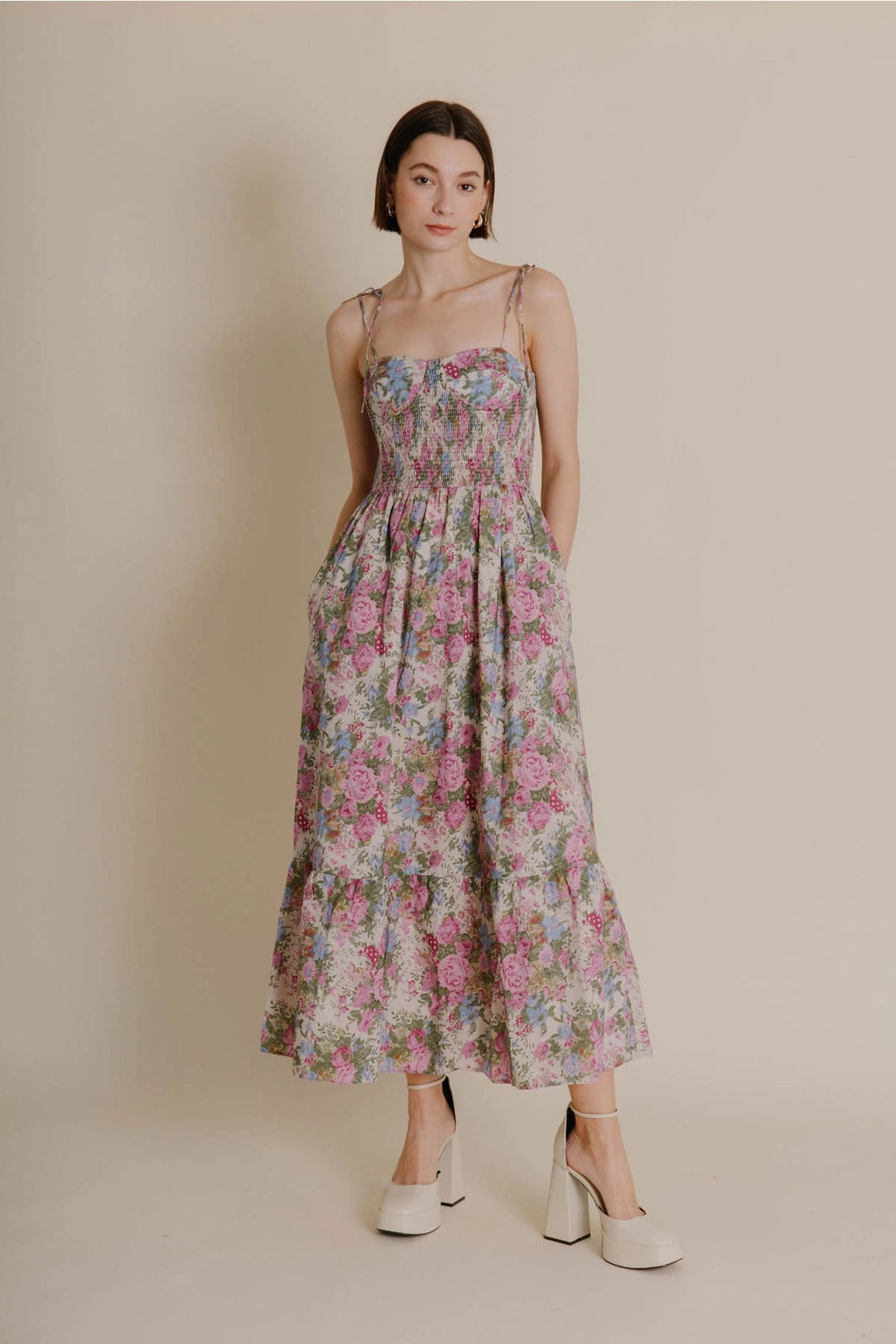 women's handmade dressesSmocked Bustier Dress in Floral Oyster