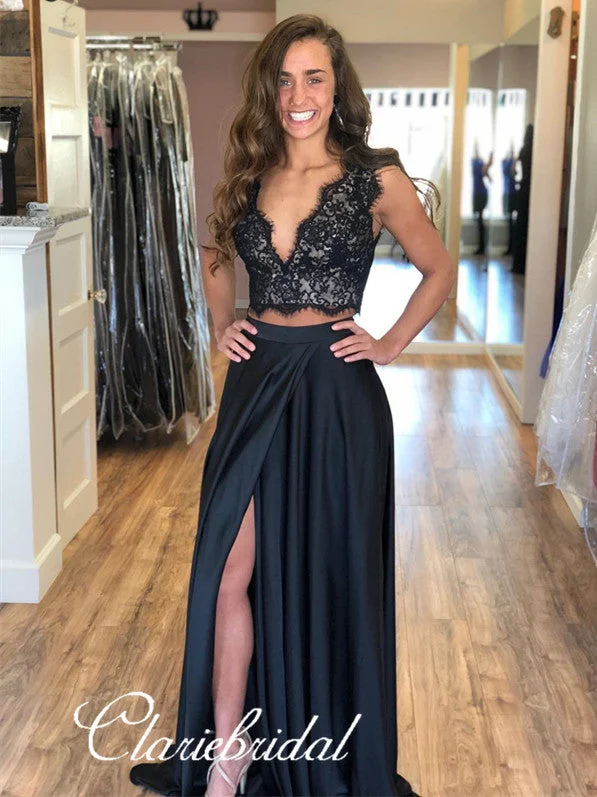 flutter sleeve prom dresses2 Pieces Black Lace Top Satin Prom Dresses, V-neck Long Prom Dresses