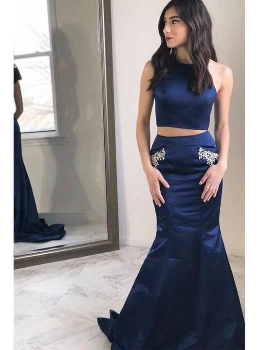 pastel prom dresses2 Pieces Navy Satin Beaded Prom Dresses, Long Prom Dresses With Pockets