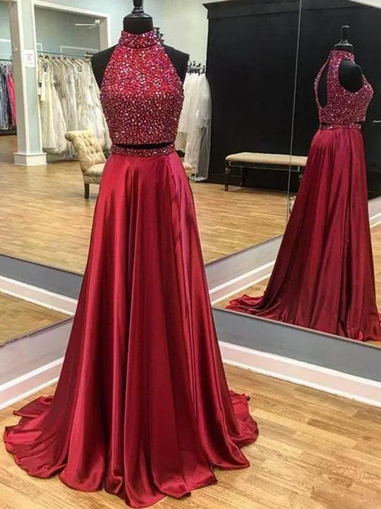 prom dresses for short girls2 Pieces Rhinestone Beaded Elastic Satin Prom Dresses, Open Back Prom Dresses